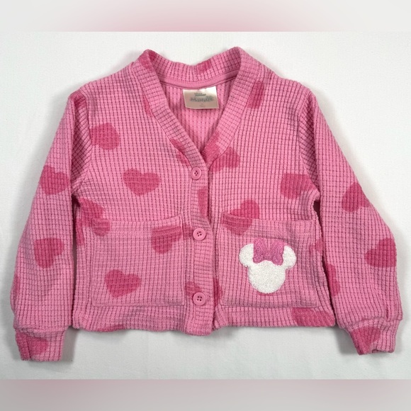 DISNEY JUNIOR Minnie Mouse Valentine’s Day Heart Print Knit Cardigan Size 3T - Picture 2 of 10
